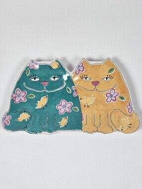 Vintage Via Design Ancona Cat Spoon Rest Trinket Dish Floral Bird Ceramic - 1995